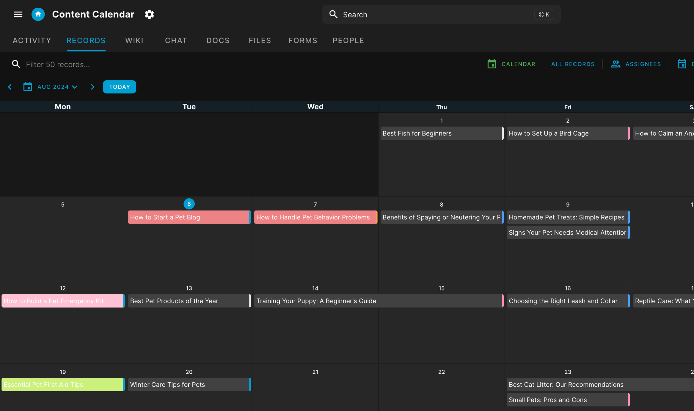 Content calendar screenshot